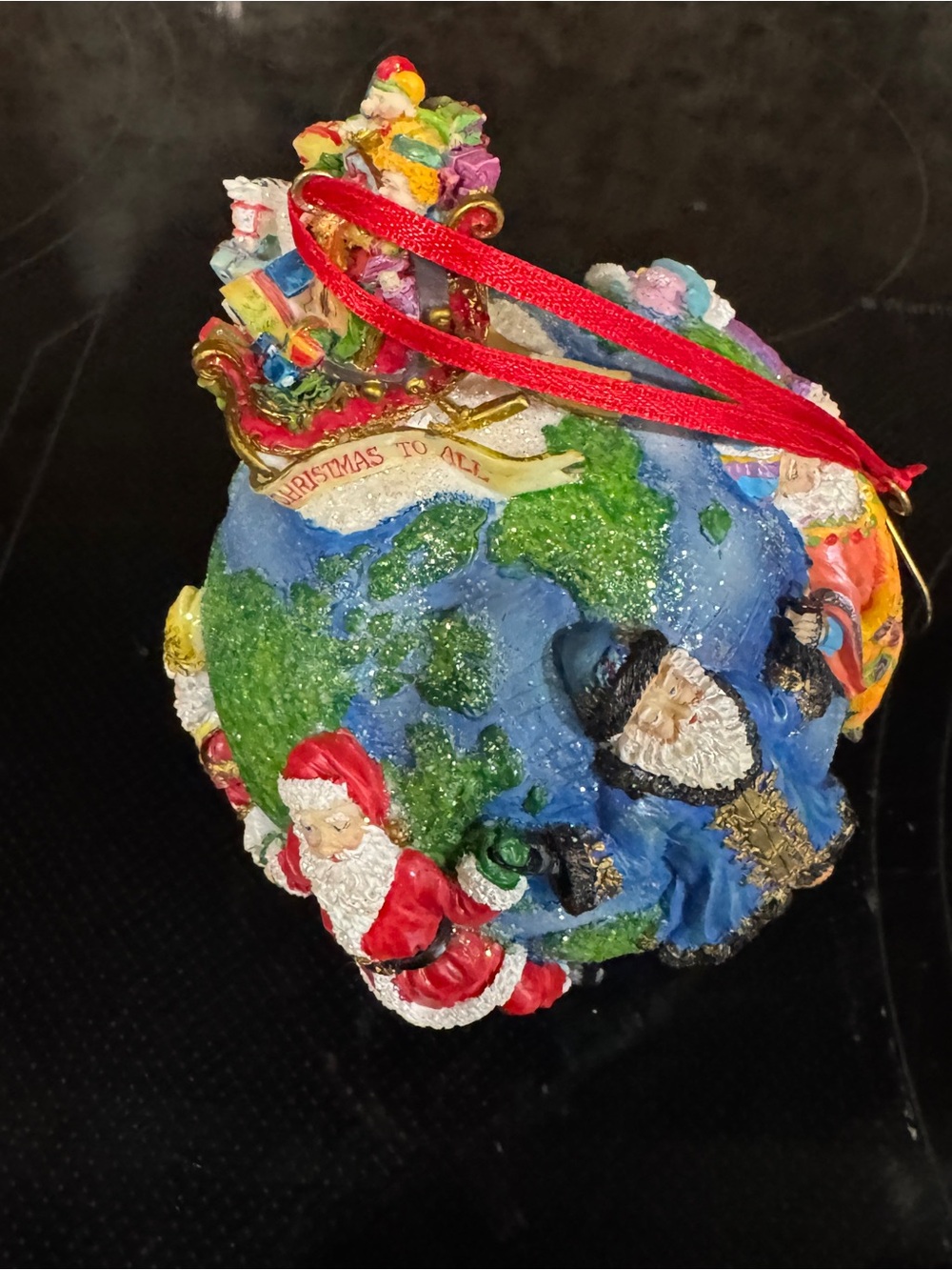 Christopher Radko Blue & Green World Santa Ornament with Red Ribbon